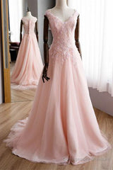 A Line V Neck Pink Lace Long Prom Dresses, Pink Lace Formal Graduation Evening Dresses