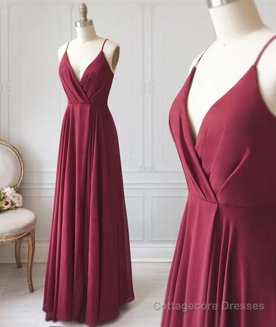 A Line V Neck Pleated Burgundy Long Prom Dress, V Neck Burgundy Long Evening Dress, Burgundy Graduation Dress, Formal Dress