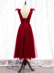 A Line V Neck Red Tea Length Prom Dress with Corset Back, Red Tea Length Formal Graduation Dresses