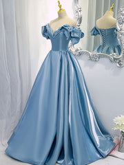 A-Line V Neck Satin Blue Long Prom Dress, Blue Formal Evening Dresses