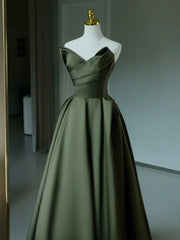 A-Line V Neck Satin Green Long Prom Dresses, Green Long Evening Dresses