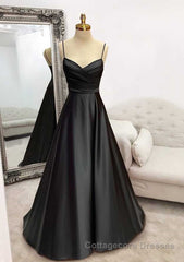 A-line Sweetheart Spaghetti Straps Satin Long Prom Dress with Pleated