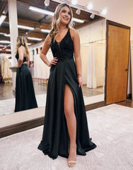 A-Line V-Neck Satin Prom Dresses with Slit