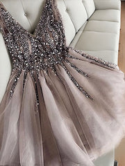 A-line V-neck Sequin Short/Mini Tulle Dresses