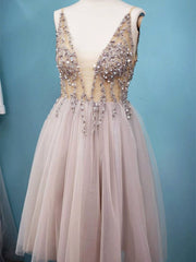 A Line V Neck Short Gray Beaded Prom Dresses, Short Grey Formal Homecoming Dresses with Beading