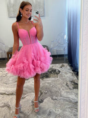 A-Line V Neck Short Tulle Homecoming Dresses