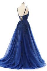 A-line V-neck Spaghetti strap Floor-length Sleeveless Backless Appliques Lace Elegant Prom Dresses