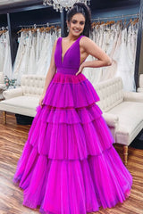 A-Line V Neck Tiered Tulle Prom Dresses