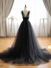 A-Line V Neck Tulle Black Long Prom Dresses, Black Long Formal Dresses