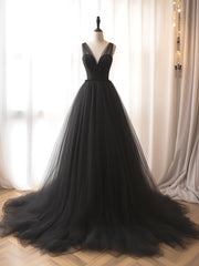 A-Line V Neck Tulle Black Long Prom Dresses, Black Long Formal Dresses