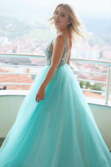 A-line V neck Tulle Lace Long Prom Dresses Evening Dresses