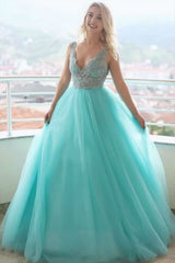 A-line V neck Tulle Lace Long Prom Dresses Evening Dresses