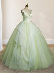 A-Line V Neck Tulle Sage Green Long Prom Quinceanera Dresses