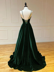 A-Line V Neck Velvet Green Long Prom Dresses, Green Velvet Formal Dress