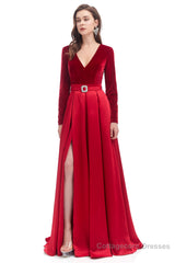 A-line V Neck Velvet Long Prom Dresses