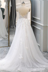 A Line V Neck White Lace Long Prom Dress, White Lace Wedding Dress, White Formal Evening Dress