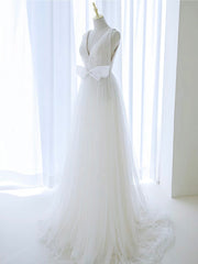 A-Line V Neck White Tulle Long Wedding Dresses with Bow