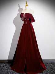 A-Line Velvet Burgundy Long Prom Dresses, Burgundy Long Formal Dresses