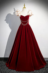 A-Line Velvet Floor Length Prom Dresses, Burgundy Off the Shoulder Evening Party Dresses