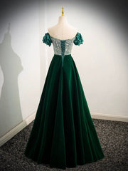 A-Line Velvet Sequin Beads Green Long Prom Dresses, Green Velvet Long Formal Dresses