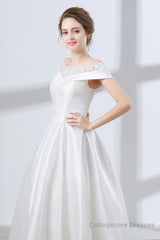 A-Line White Satin Lace Off The Shoulder Wedding Dresses