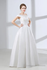 A-Line White Satin Lace Off The Shoulder Wedding Dresses