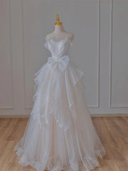 A-Line White Tulle Wedding Dresses With Bow