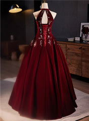 A-Line Wine Red Velvet Beaded Party Dresses, Wine Red Long Prom Dresses