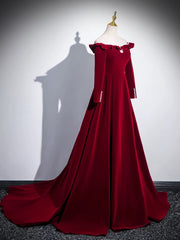 A-line Wine Red Velvet Long Sleeves Low Back Prom Dresses, Wine Red Party Dresses