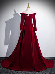 A-line Wine Red Velvet Long Sleeves Low Back Prom Dresses, Wine Red Party Dresses