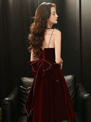 A-line Wine Red Velvet Straps Long Party Dresses, Wine Red Velvet Prom Dresses