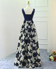 Stylish Dark Blue A Line V Neck Long Prom Dress, Dark Blue Evening Dress