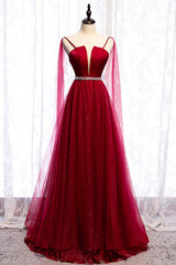 Burgundy Prom Dresses, Spagetti-Strap Sleeveless Prom Dresses Tulle Ruffles with Beadings