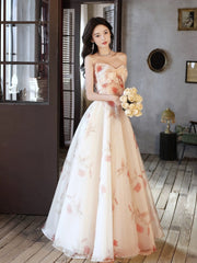 A_line Sweetheart Neck Champagne Long Prom Dresses, Champagne Long Formal Dresses