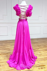 Lace-Up Fuchsia V-Neck Ruffle Pleated Long Prom Dress