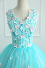 Adorable Light Blue Tulle with Flowers Floor Length Ball Gown Formal Dresses, Blue Sweet 16 Dresses