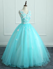 Adorable Light Blue Tulle with Flowers Floor Length Ball Gown Formal Dresses, Blue Sweet 16 Dresses