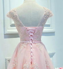 Adorable Pink Knee Length Party Dresses, Lace Applique Cute Homecoming Dresses