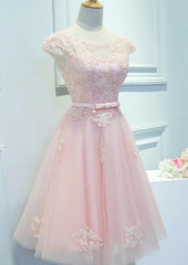 Adorable Pink Knee Length Party Dresses, Lace Applique Cute Homecoming Dresses