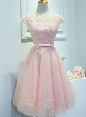 Adorable Pink Knee Length Party Dresses, Lace Applique Cute Homecoming Dresses