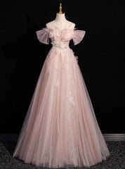 Advanced Pink Tulle Sequins Off the Shoulder Prom Dresses