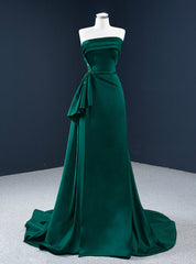 Affordable A-Line Dark Green Satin Strapless Pleats Beading Prom Dresses