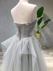 A line Tea Length Gray Prom Dress, Gray Tulle Homecoming Dress