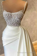 Amazing Long Mermaid Strapless Sequins Pearls Satin Formal Prom Dresses