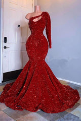 Amazing Red Long Sleeves Prom Dresses One-Shoulder Mermaid With Sequins