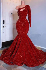 Amazing Red Long Sleeves Prom Dresses One-Shoulder Mermaid With Sequins