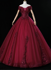 An Extra 40% Off Storewide Burgundy Ball Gown Tulle Appliques Off the Shoulder Quinceanera Dresses