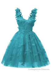 Aqua Blue 3D Butterfly Lace Applique Tulle Homecoming Dress for Teens Sweetheart Mini Short Prom Dresses