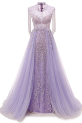 Arabic Purple Elegant A Line Beaded Tassel Luxury Dubai Evening Dresses Gowns For Women