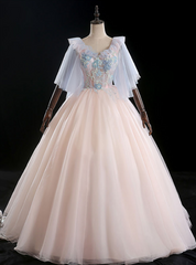 Available In Sizes 0-24 Pink Ball Gown Tulle Appliques V-neck Quinceanera Dresses